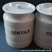 Load image into Gallery viewer, PAIR: Two Vintage Grimwades Style White Hooped Household Jars or Canisters LENTILS &amp; PEAS (black letters)
