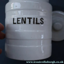 Load image into Gallery viewer, PAIR: Two Vintage Grimwades Style White Hooped Household Jars or Canisters LENTILS &amp; PEAS (black letters)
