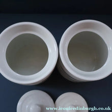 Load image into Gallery viewer, PAIR: Two Vintage Grimwades Style White Hooped Household Jars or Canisters LENTILS &amp; PEAS (black letters)
