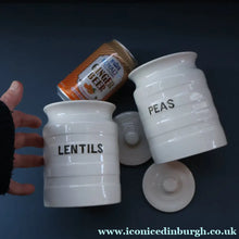 Load image into Gallery viewer, PAIR: Two Vintage Grimwades Style White Hooped Household Jars or Canisters LENTILS &amp; PEAS (black letters)
