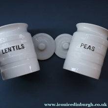 Load image into Gallery viewer, PAIR: Two Vintage Grimwades Style White Hooped Household Jars or Canisters LENTILS &amp; PEAS (black letters)

