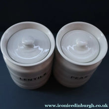 Load image into Gallery viewer, PAIR: Two Vintage Grimwades Style White Hooped Household Jars or Canisters LENTILS &amp; PEAS (black letters)
