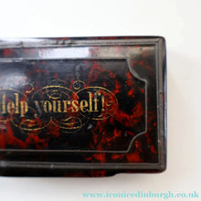 Load image into Gallery viewer, Papier Mâché Snuff Box with Faux Red &amp; Black Marblished Finish. Inscribed in gold: HELP YOURSELF
