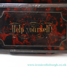 Load image into Gallery viewer, Papier Mâché Snuff Box with Faux Red &amp; Black Marblished Finish. Inscribed in gold: HELP YOURSELF
