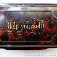 Load image into Gallery viewer, Papier Mâché Snuff Box with Faux Red &amp; Black Marblished Finish. Inscribed in gold: HELP YOURSELF
