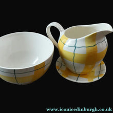 Load image into Gallery viewer, Popular 1950s Milk Jug (&amp; wee underplate) and Open Sugar Bowl. Attractive Yellow HABITANT Pattern by Meakin
