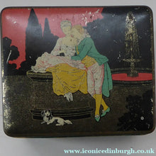 Load image into Gallery viewer, Pretty 1930s ART DECO Sweetie / Confectionary Tin with Cupids and Lovers in a French Louis XV Garden
