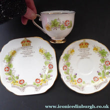 Load image into Gallery viewer, Pretty ELIZABETH II 1953 Porcelain Trio. Coronation Cup, Saucer and Side Plate
