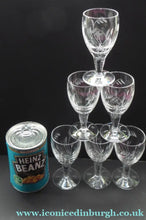 Load image into Gallery viewer, Pretty Set of Six STUART CRYSTAL ELGIN Pattern Sherry or Liqueur Glasses. With Engraved Foliage Design. Signed
