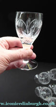 Load image into Gallery viewer, Pretty Set of Six STUART CRYSTAL ELGIN Pattern Sherry or Liqueur Glasses. With Engraved Foliage Design. Signed
