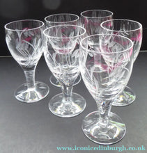 Load image into Gallery viewer, Pretty Set of Six STUART CRYSTAL ELGIN Pattern Sherry or Liqueur Glasses. With Engraved Foliage Design. Signed
