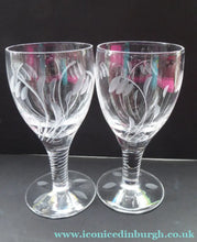 Load image into Gallery viewer, Pretty Set of Six STUART CRYSTAL ELGIN Pattern Sherry or Liqueur Glasses. With Engraved Foliage Design. Signed
