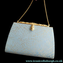 Load image into Gallery viewer, Pretty Vintage 1950s Formal Clutch Bag. Blue and Gold Atomic Fabric, Fancy Clasp and Chain
