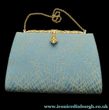 Load image into Gallery viewer, Pretty Vintage 1950s Formal Clutch Bag. Blue and Gold Atomic Fabric Fancy Clasp and Chain - Vintage Handbag
