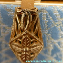 Load image into Gallery viewer, Pretty Vintage 1950s Formal Clutch Bag. Blue and Gold Atomic Fabric Fancy Clasp and Chain - Vintage Handbag
