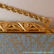 Load image into Gallery viewer, Pretty Vintage 1950s Formal Clutch Bag. Blue and Gold Atomic Fabric Fancy Clasp and Chain - Vintage Handbag
