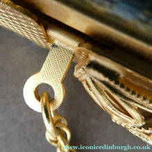 Load image into Gallery viewer, Pretty Vintage 1950s Formal Clutch Bag. Blue and Gold Atomic Fabric Fancy Clasp and Chain - Vintage Handbag
