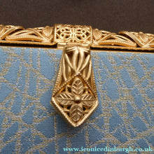 Load image into Gallery viewer, Pretty Vintage 1950s Formal Clutch Bag. Blue and Gold Atomic Fabric Fancy Clasp and Chain - Vintage Handbag
