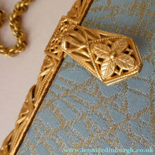 Load image into Gallery viewer, Pretty Vintage 1950s Formal Clutch Bag. Blue and Gold Atomic Fabric Fancy Clasp and Chain - Vintage Handbag
