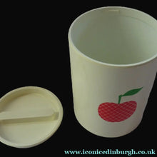 Load image into Gallery viewer, Quirky Vintage Storage Pot or Ice Bucket. Space Age White Plastic with Abstract Red Apple Motif, 1960s
