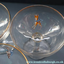 Load image into Gallery viewer, Random VINTAGE Babycham. One 1950s White Deer Logos and Two 1960s Prancing Deers - British Glass
