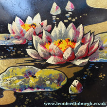 Load image into Gallery viewer, Rare 1920s Early Art Nouveau Toffee Tin by HORNER. Lid Decorated with Waterlilies and Dragonfly Motif
