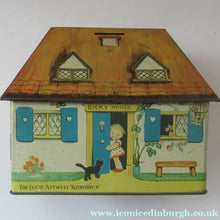 Load image into Gallery viewer, Rare 1930s MABEL LUCIE ATTWELL Kiddibics: Bicky House Biscuit Tin or Bank. Made for William Crawford
