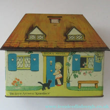 Load image into Gallery viewer, Rare 1930s MABEL LUCIE ATTWELL Kiddibics: Bicky House Biscuit Tin or Bank. Made for William Crawford

