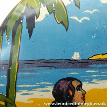 Load image into Gallery viewer, Rare 1950s ROBINSON CRUSOE Biscuit or Toffee Tin. 6 inches in diameter - Vintage Tin
