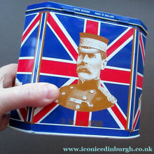 Load image into Gallery viewer, 1970s "Dodo Designs" Tin or Tea Caddy Featuring Images of Boer War Figures. Union Jack Design
