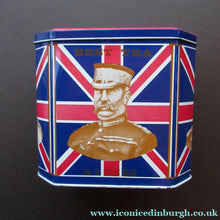 Load image into Gallery viewer, Rare 1970s ’Dodo Designs’ Tin or Tea Caddy Featuring Images of Boer War Figures. Union Jack Design - Vintage Tins
