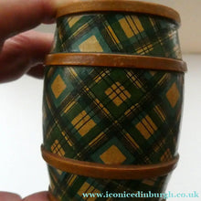 Load image into Gallery viewer,  Antique Victorian Scottish Mauchline Ware TARTANWARE Bank or Money Box in the Shape of a Barrel
