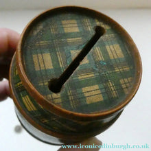 Load image into Gallery viewer,  Antique Victorian Scottish Mauchline Ware TARTANWARE Bank or Money Box in the Shape of a Barrel
