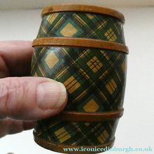 Load image into Gallery viewer,  Antique Victorian Scottish Mauchline Ware TARTANWARE Bank or Money Box in the Shape of a Barrel
