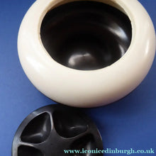 Load image into Gallery viewer, Rare Art Deco Early BEX Bakelite Lidded Box / Powder Bowl. The top section is white &amp; the bottom half is black
