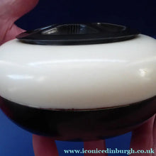 Load image into Gallery viewer, Rare Art Deco Early BEX Bakelite Lidded Box / Powder Bowl. The top section is white &amp; the bottom half is black
