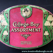 Load image into Gallery viewer, Rare Early 20th Century Art Nouveau Large Toffee Tin - College Boy Assortment by W M Livens &amp; Co Ltd (Newcastle)
