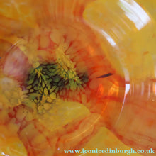 Load image into Gallery viewer, Rare MDINA (Malta)  Shallow Orange Glass Footed Bowl with Yellow and Red Swirls. Etched Signature on the Base
