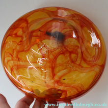 Load image into Gallery viewer, Rare MDINA (Malta)  Shallow Orange Glass Footed Bowl with Yellow and Red Swirls. Etched Signature on the Base
