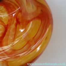 Load image into Gallery viewer, Rare MDINA (Malta)  Shallow Orange Glass Footed Bowl with Yellow and Red Swirls. Etched Signature on the Base
