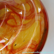 Load image into Gallery viewer, Rare MDINA (Malta)  Shallow Orange Glass Footed Bowl with Yellow and Red Swirls. Etched Signature on the Base
