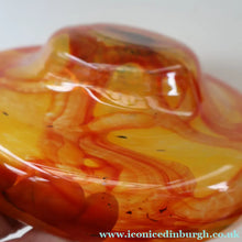 Load image into Gallery viewer, Rare MDINA (Malta)  Shallow Orange Glass Footed Bowl with Yellow and Red Swirls. Etched Signature on the Base
