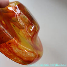 Load image into Gallery viewer, Rare MDINA (Malta)  Shallow Orange Glass Footed Bowl with Yellow and Red Swirls. Etched Signature on the Base

