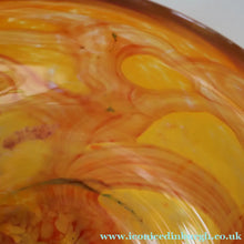 Load image into Gallery viewer, Rare MDINA (Malta)  Shallow Orange Glass Footed Bowl with Yellow and Red Swirls. Etched Signature on the Base
