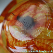 Load image into Gallery viewer, Rare MDINA (Malta)  Shallow Orange Glass Footed Bowl with Yellow and Red Swirls. Etched Signature on the Base
