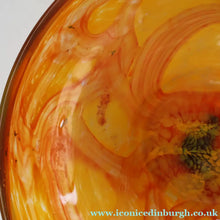 Load image into Gallery viewer, Rare MDINA (Malta)  Shallow Orange Glass Footed Bowl with Yellow and Red Swirls. Etched Signature on the Base
