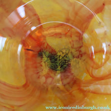 Load image into Gallery viewer, Rare MDINA (Malta)  Shallow Orange Glass Footed Bowl with Yellow and Red Swirls. Etched Signature on the Base
