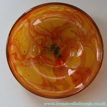 Load image into Gallery viewer, Rare MDINA (Malta)  Shallow Orange Glass Footed Bowl with Yellow and Red Swirls. Etched Signature on the Base
