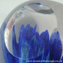 Load image into Gallery viewer,  Perthshire Glass Floral Paperweight (PP133A) with Blue Flower Heads and Facets
