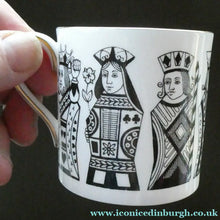 Load image into Gallery viewer, Six Spode Bone China Espresso Cups and Saucers. Playing Cards Pattern
